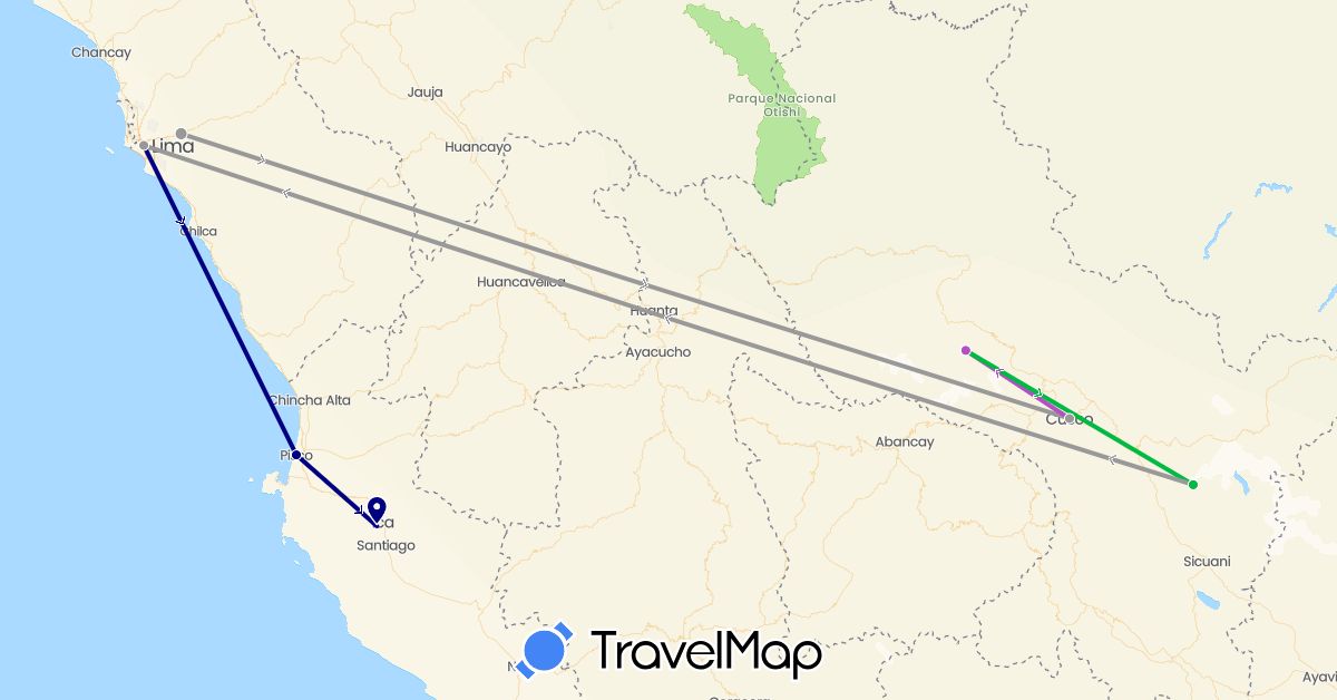 TravelMap itinerary: driving, bus, plane, train in Peru (South America)